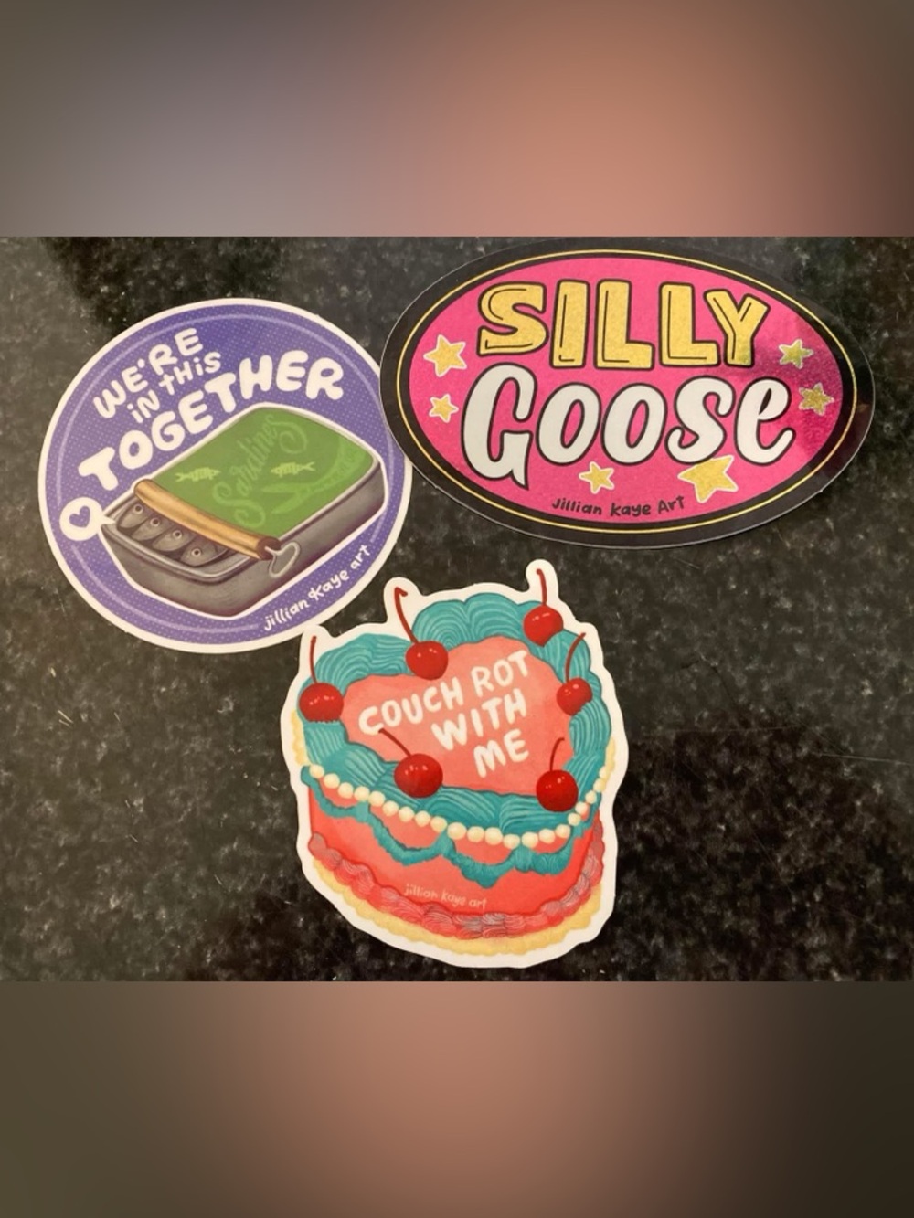Jillian Kaye Art - 3 Rare Mail Club Stickers - Sardines, Silly Goose, Couch Rot
